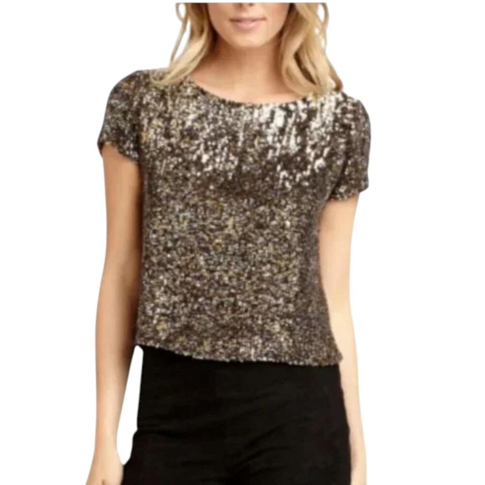 NWT Sam Edelman Sequin Blouse Top Size M Bronze Silver Cap Sleeve Party